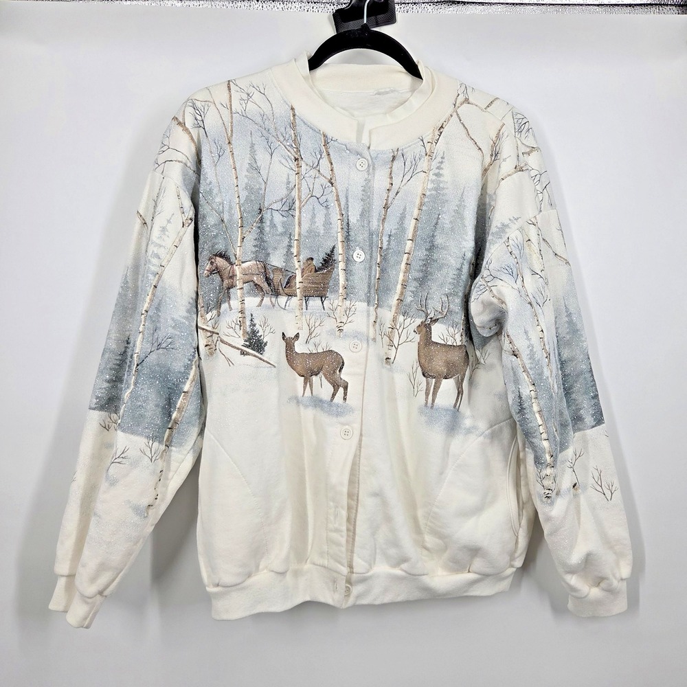 Vintage Cabelas Cardigan Sweatshirt Womens L All Over Print Snow Winter Trees
